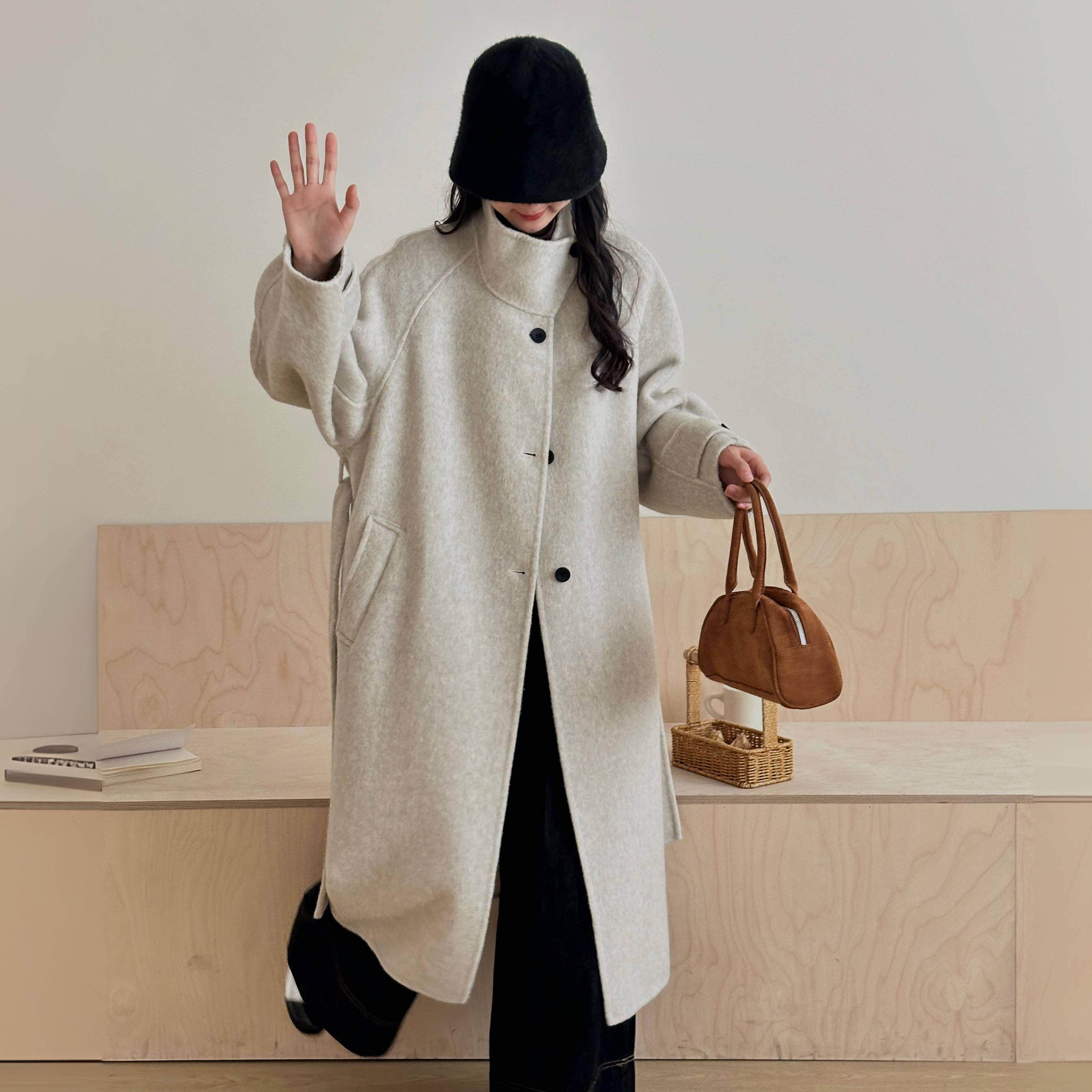 秋冬时尚系带韩系双面羊绒大衣长款立领宽松高级感双面呢羊毛外套