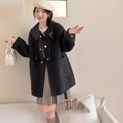 兔耳朵双面羊绒大衣女中长款