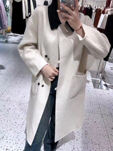 2024秋冬新款娃娃领拼色双面羊毛大衣长款简约高端显瘦羊毛外套女
