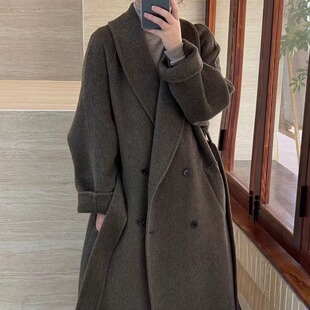 气质高级感双面羊毛羊绒加长青果领宽松系带气质加厚大衣外套女