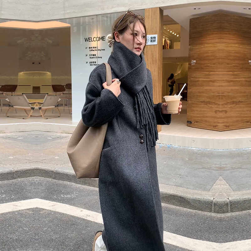 高级时尚双面羊绒大衣女2025冬新款毛呢大衣女围巾灰色骆驼绒