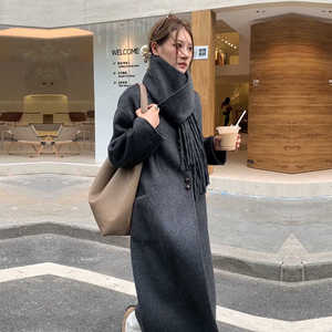 高级时尚双面羊绒大衣女2024冬新款毛呢大衣女围巾灰色骆驼绒