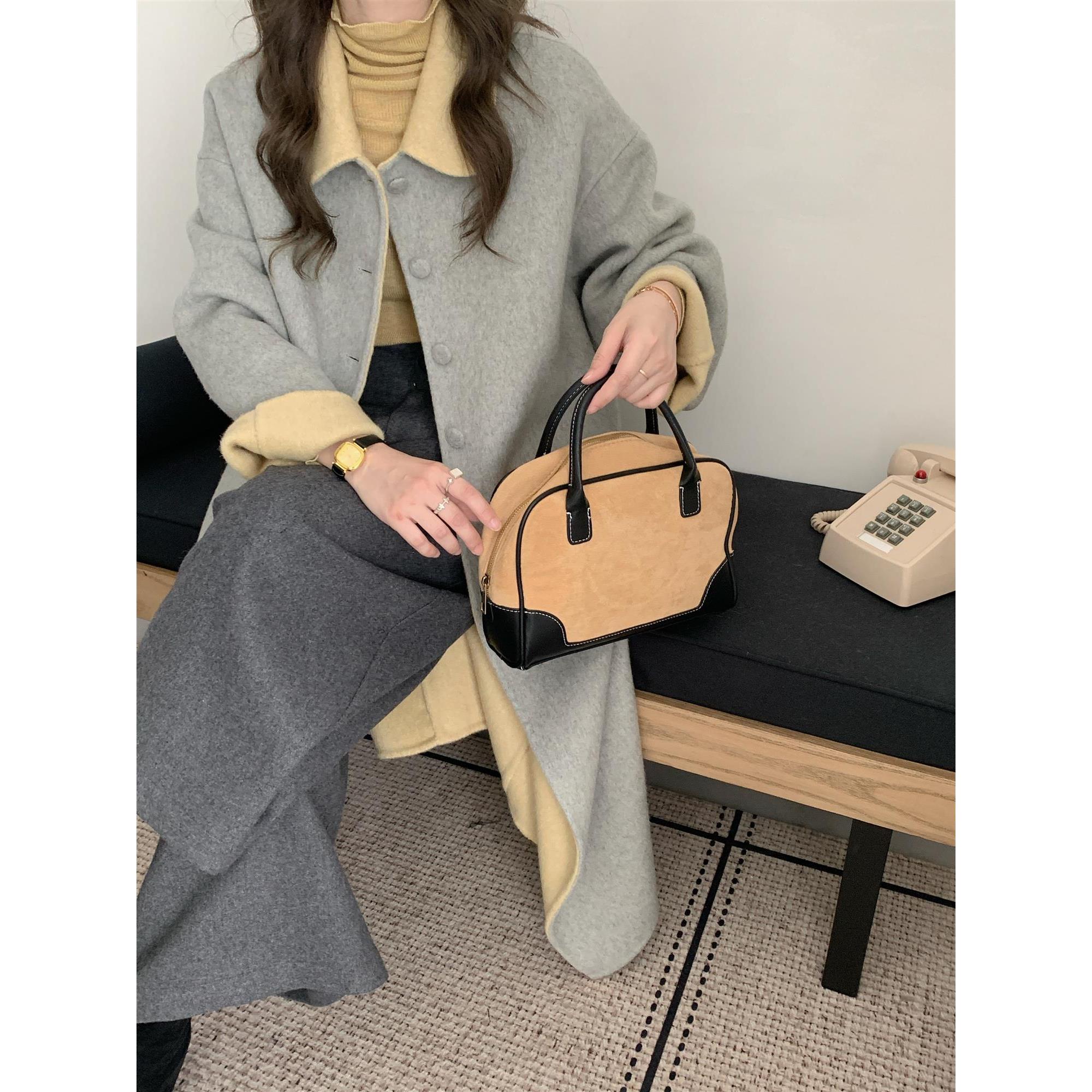 灰色呢子大衣女双面呢秋冬新款毛呢外套感小个子长款翻领韩系气质