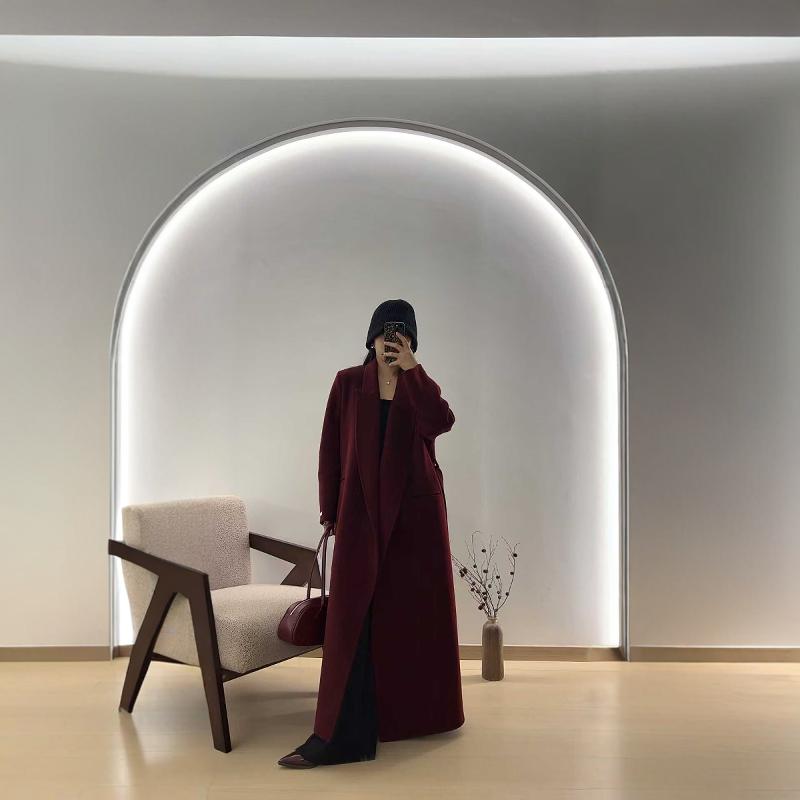 新款高级复古毛呢外套女休闲百搭气质长款中横口袋牦牛绒