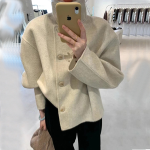 反季短款100%双面羊绒大衣女韩版高级感立领羊毛呢子外套宽松2023