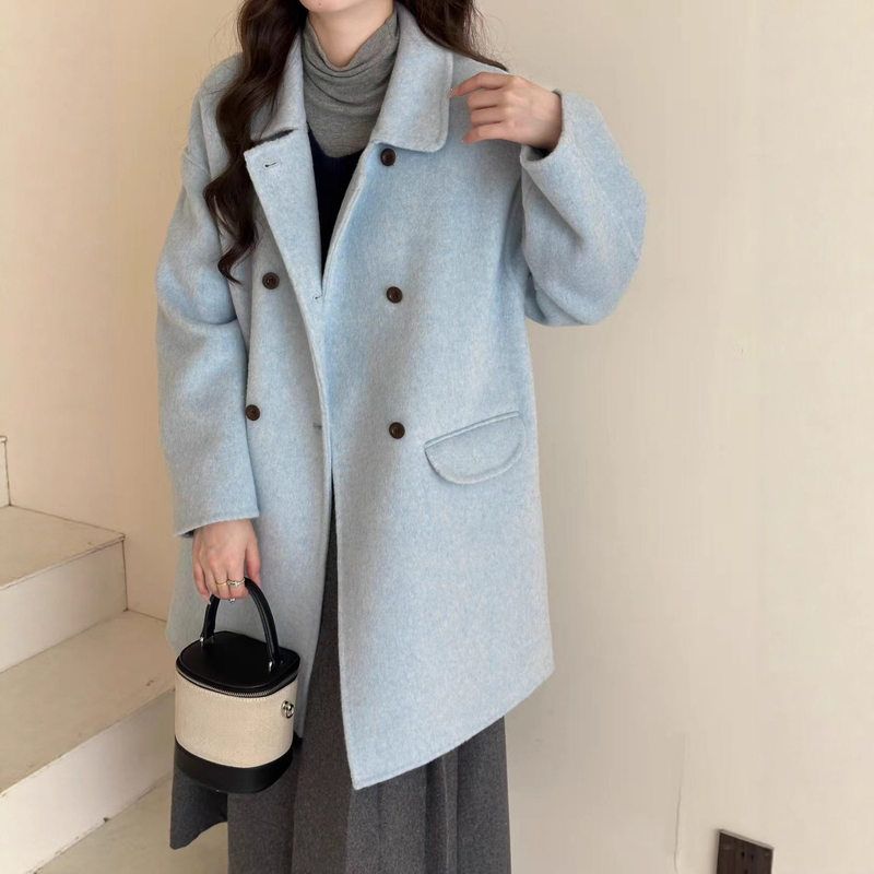 秋冬新款小个子高级感双排扣宽松中长款韩系双面羊毛大衣外套女