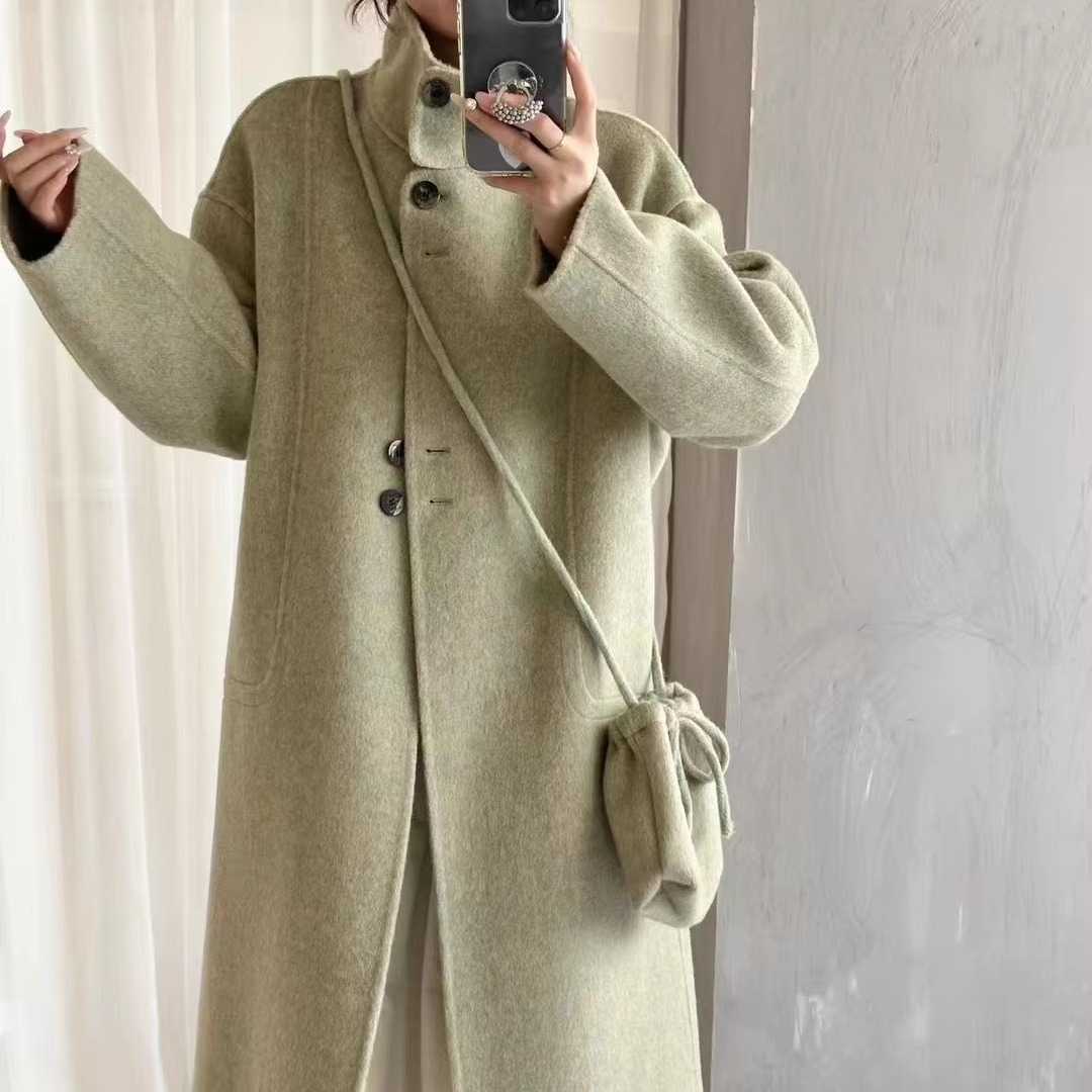2025年新款韩版立领对扣挎肩小包包双面羊绒大衣冬季显瘦羊毛外套