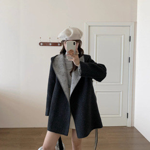 毛呢大衣提花羊毛大衣女小个子秋冬新款 韩系系带连帽毛呢外套宽松
