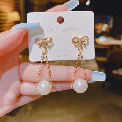 s925银蝴蝶结长款珍珠流苏耳环2022年新品潮感气质网红耳饰女
