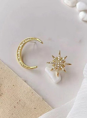 2024新款气质夸张星月耳钉网红抖音s925银简约百搭锆石耳环女