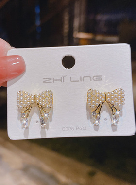 S925银针珍珠蝴蝶结耳钉女简约耳饰2024新品潮感耳环气质耳饰