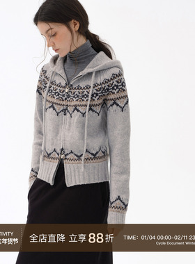 Cycle Document【100%纯羊毛】复古费尔岛提花连帽毛衣女针织开衫