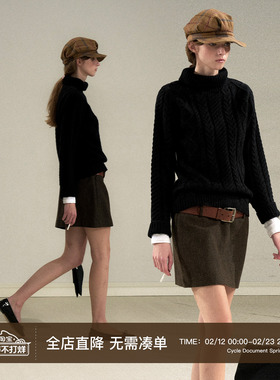 Cycle Document 100%纯羊毛/秋冬复古黑色高领保暖针织麻花毛衣女