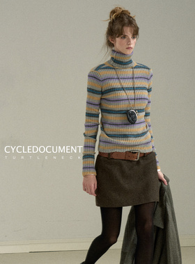 CycleDocument 骆马毛/羊毛 彩色条纹高领毛衣女修身内搭打底衫