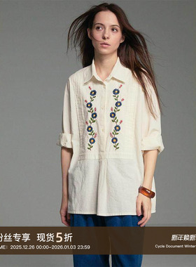 Cycle Document  棉麻混纺/风琴褶半开领设计/花卉刺绣长袖衬衫女