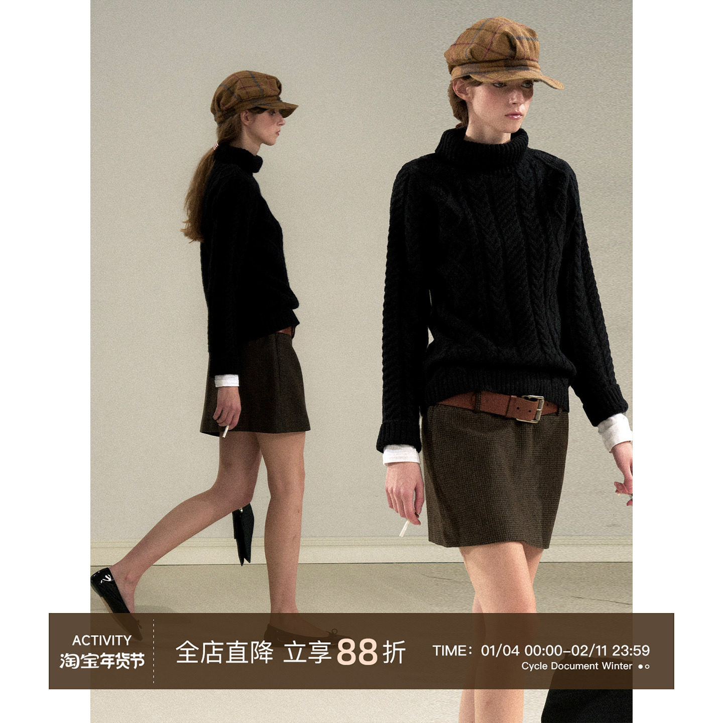 Cycle Document 100%纯羊毛/秋冬复古黑色高领保暖针织麻花毛衣女,女装/女士精品,毛衣,淘宝优惠券,粉丝福利购,淘宝优惠卷