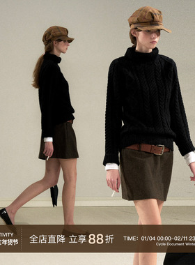 Cycle Document 100%纯羊毛/秋冬复古黑色高领保暖针织麻花毛衣女