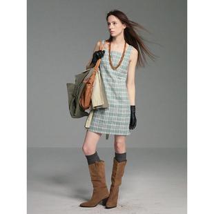 Cycle 微收腰连衣裙 Document复古直筒绿色格纹吊带背心裙女中长款