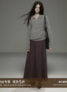 Cycle Document 循环档案 复古紫色高腰a字毛呢百褶半身裙女长款