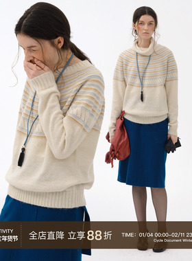 Cycle Document羊毛混纺复古文艺风圆领费尔岛条纹提花针织毛衣女