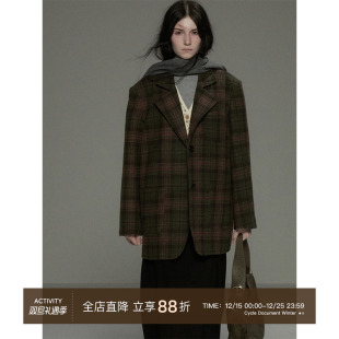 复古墨绿色高级感格纹羊毛呢西装 循环档案 外套女 Document Cycle