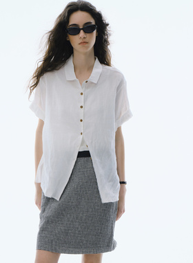 Cycle Document 夏季宽松显瘦简约正肩衬衣亚麻白色短袖衬衫女