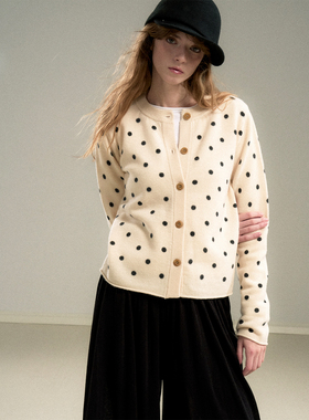 Cycle Document 羊毛复古撞色波点卷边开衫针织小圆领毛衣女秋冬