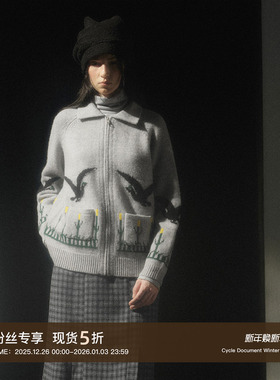 Cycle Document  100%纯羊毛/ 复古翻领粗针提花加厚开衫毛衣女