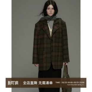 复古墨绿色高级感格纹羊毛呢西装 循环档案 外套女 Document Cycle