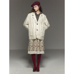 外套女 复古宽肩廓形格纹西装 CycleDocument100%亚麻色织面料 经典