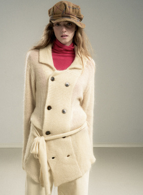 CycleDocument 马海毛开衫毛衣女复古翻领双排扣收腰系带针织外套