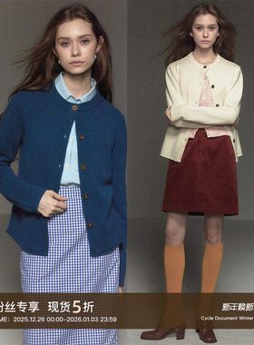 CycleDocument  100%澳洲进口羊毛/圆领卷边短款开衫针织毛衣女