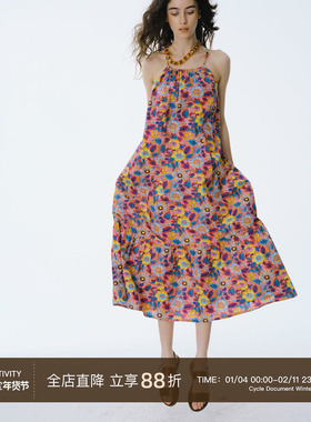 Cycle Document夏日繁花 沙滩度假吊带a字裙长款碎花挂脖连衣裙女