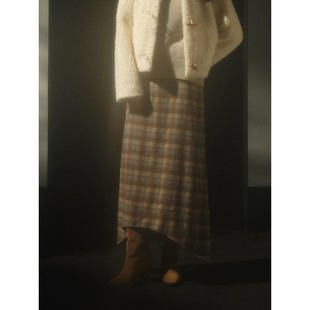 复古高腰不规则A字格纹半身裙女长款 Cycle Document翻折腰头设计