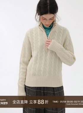 Cycle Document 500g重磅/定纺纯羊毛半开衫拉链套头针织毛衣女