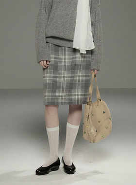 Cycle Document 循环档案  复古直筒设计感灰色格纹低腰半身裙女