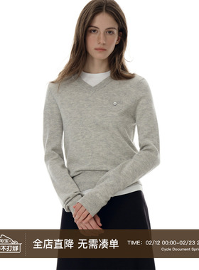 Cycle Document 100%羊毛小口袋设计V领修身针织衫女短款叠穿毛衣