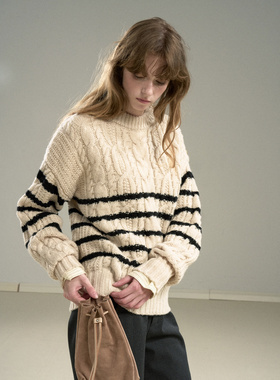 Cycle Document 肩部纽扣设计/复古撞色条纹纯羊毛粗纺麻花毛衣女