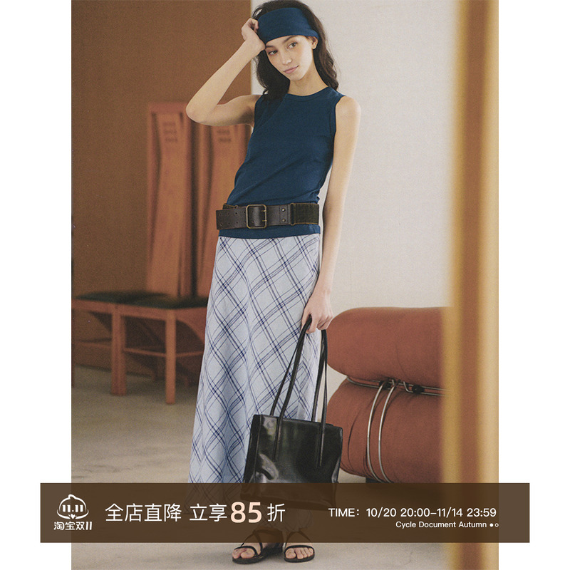 循环档案亚麻格纹半身裙