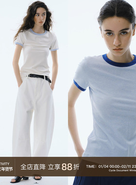 Cycle Document天丝羊毛混纺/夏季撞色修身显瘦打底正肩短袖T恤女