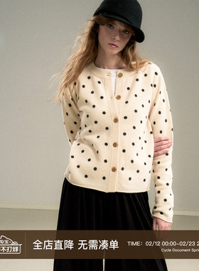 Cycle Document 羊毛复古撞色波点卷边开衫针织小圆领毛衣女秋冬