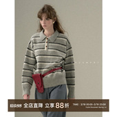 CycleDocument 上衣 羊毛polo领套头毛衣女秋冬宽松复古条纹针织衫