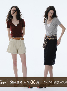Cycle Document 双重穿搭 羊毛修身显瘦弹力上衣深v领短袖T恤女夏