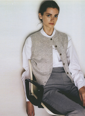 Cycle Document  100%纯羊毛圆领针织开衫马甲女春秋叠穿灰色背心