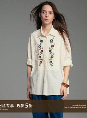 Cycle Document  棉麻混纺/风琴褶半开领设计/花卉刺绣长袖衬衫女
