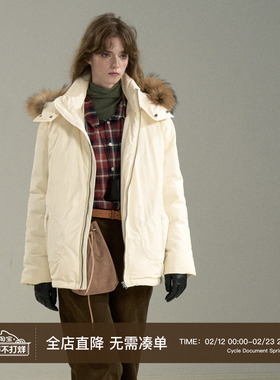 Cycle Document 95白鸭绒/冬季宽松貉子毛领短款轻薄连帽羽绒服女