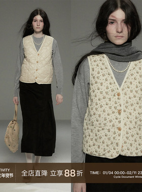 Cycle Document【两面穿】90鹅绒复古碎花V领轻薄羽绒马甲背心女