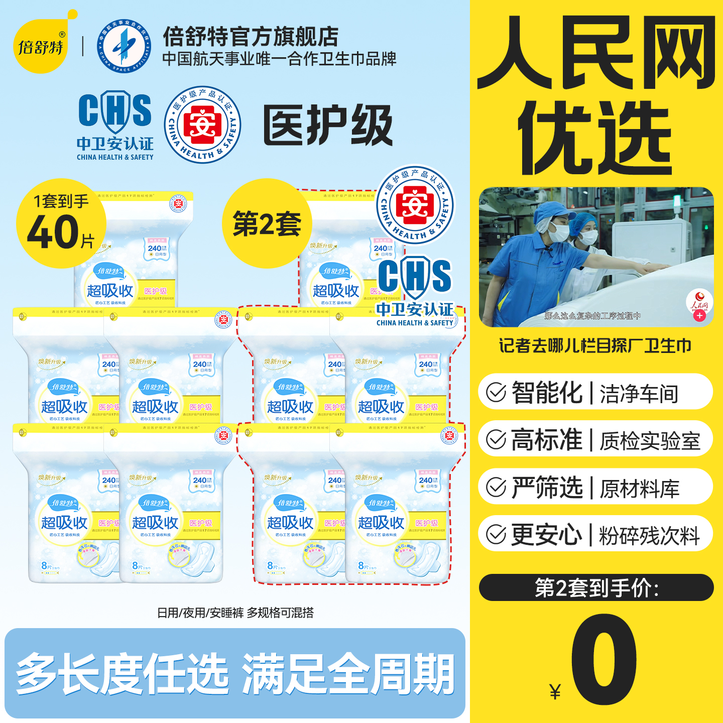 [拍2套！第2套0元]倍舒特医护级示范单位全长度卫生巾人民网优选