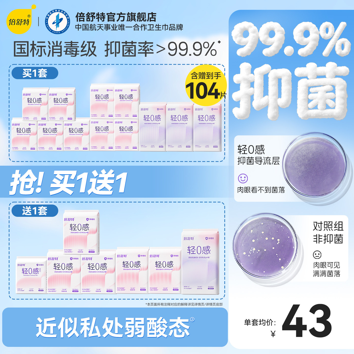 【抢！买1送1】倍舒特消毒级轻0感轻薄透气弱酸抑菌卫生巾日夜装
