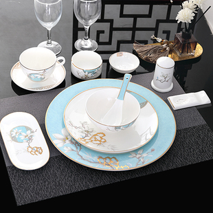 新中式骨瓷春风玉兰餐具摆台盘子陶瓷碗豪华宴会桌面套装可定制